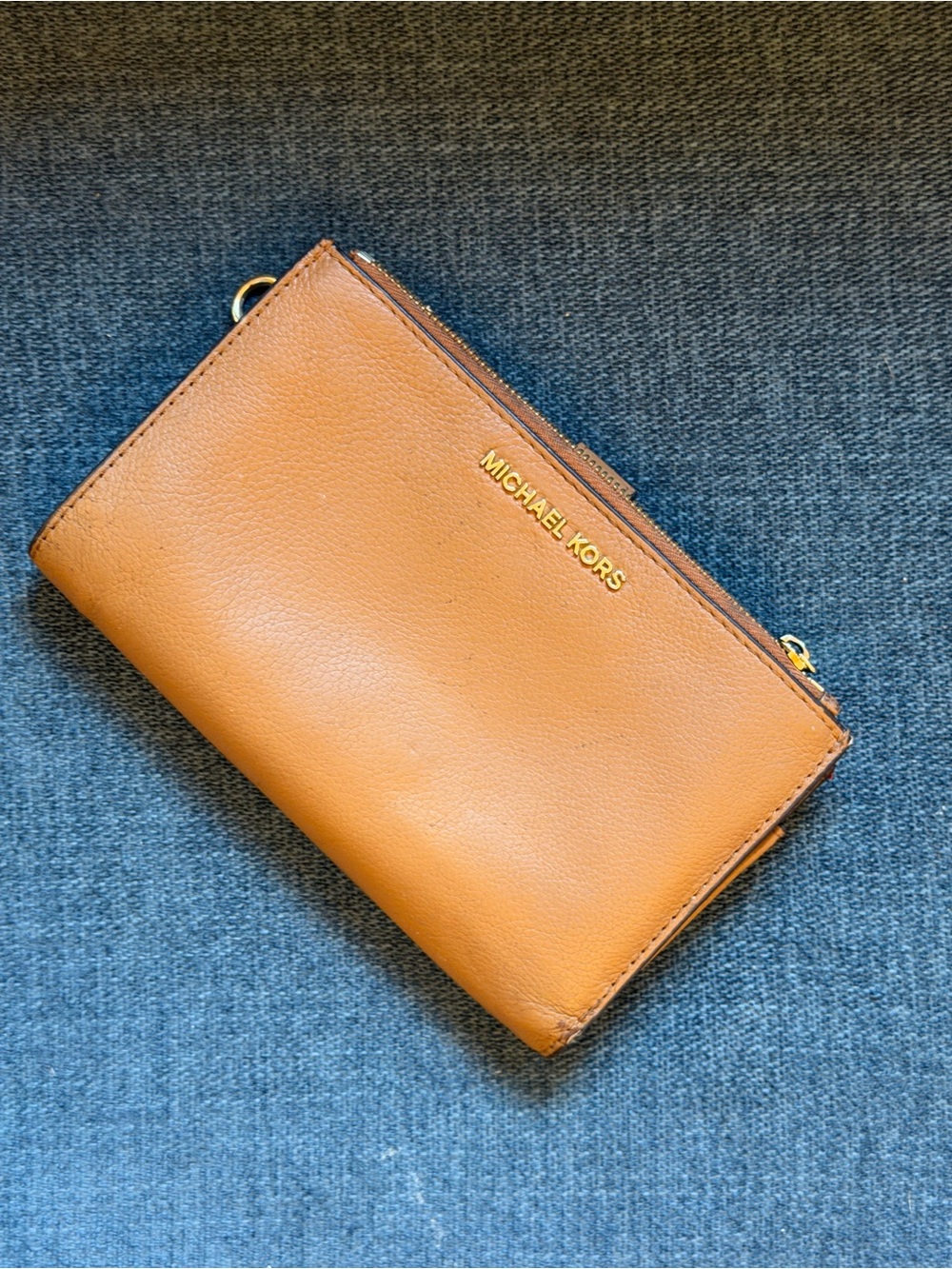 Michael Kors Cognac Leather Zip Wallet with Gold Logo